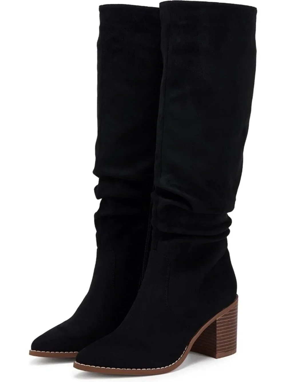 Women's Black Pointed Toe Mid Chunky Heel Side Zipper Over The Knee Boots